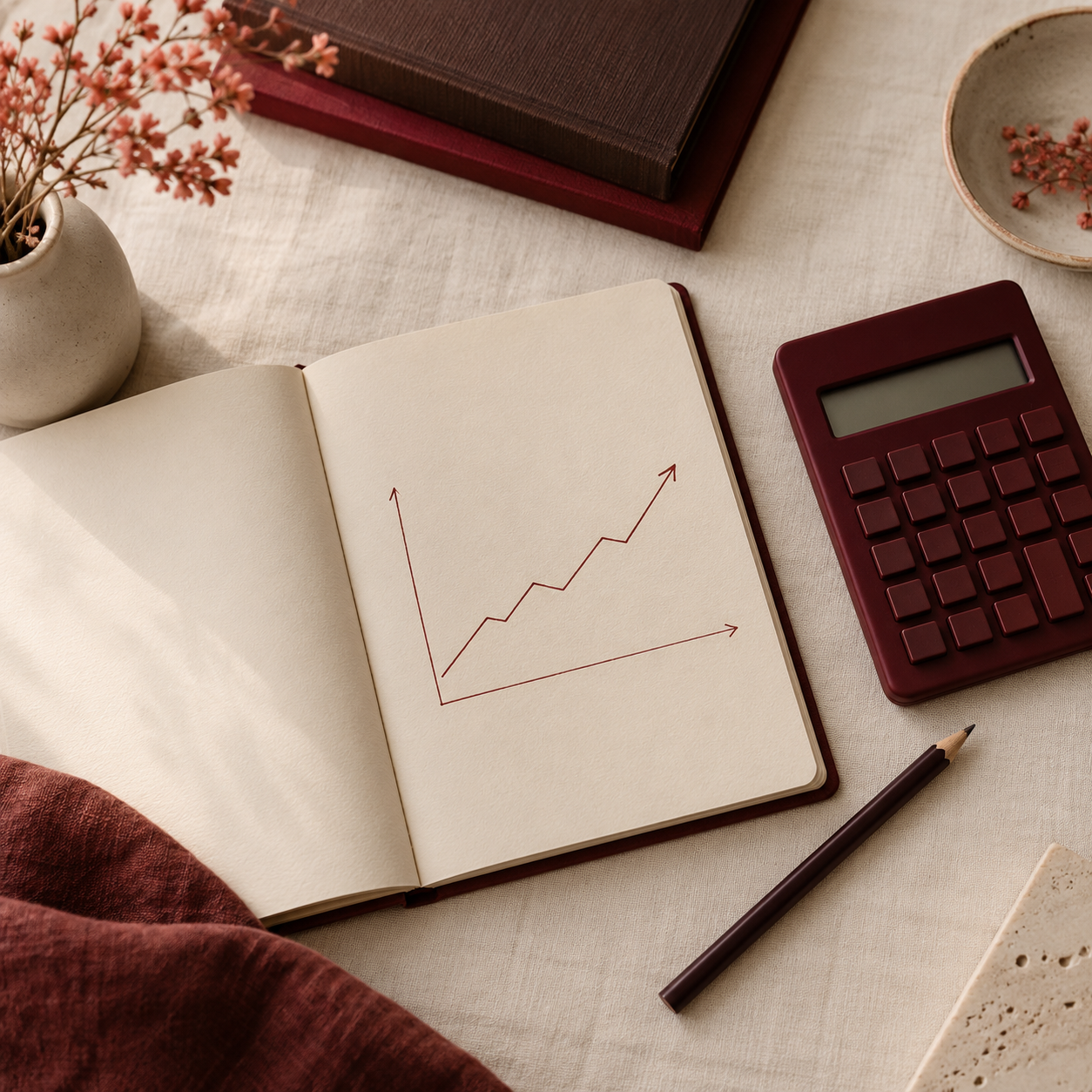 Carnet financier et calculatrice bordeaux